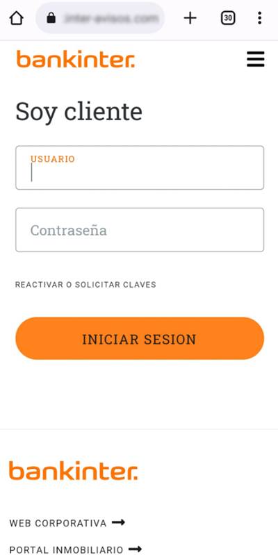 Se muestra en el enlace al que se ha accedido, el formulario de acceso a la web supuestamente de Bankinter, en la cual solicita usuario y contraseña para iniciar sesión.